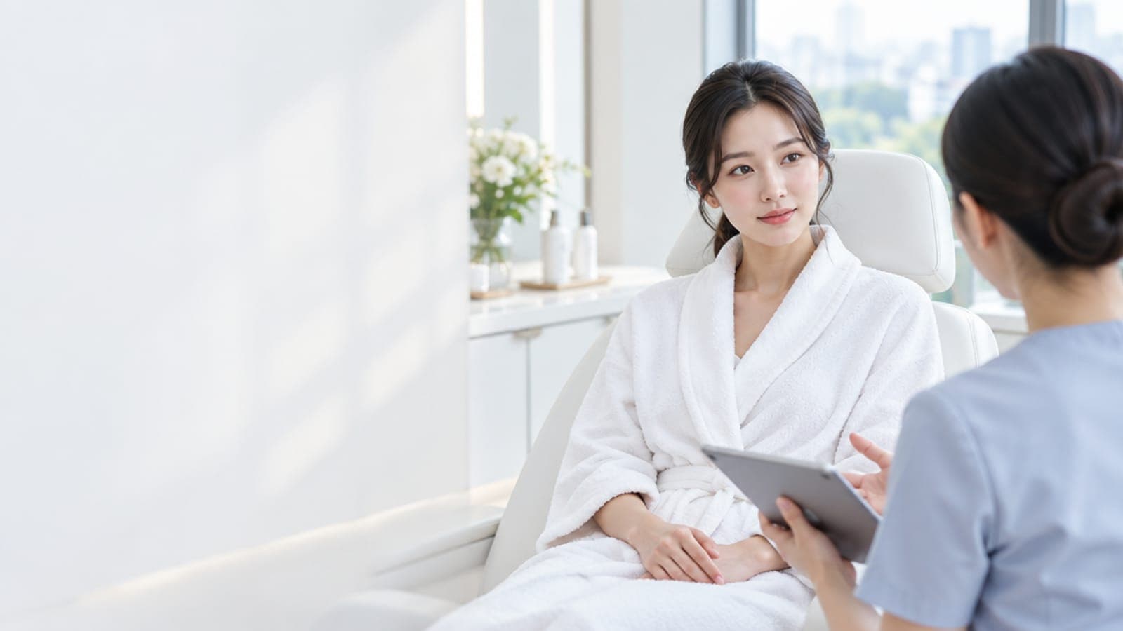 자가혈 스킨부스터 — 시술 전 간호사의 설명을 듣는 가운 차림의 한국인 여성