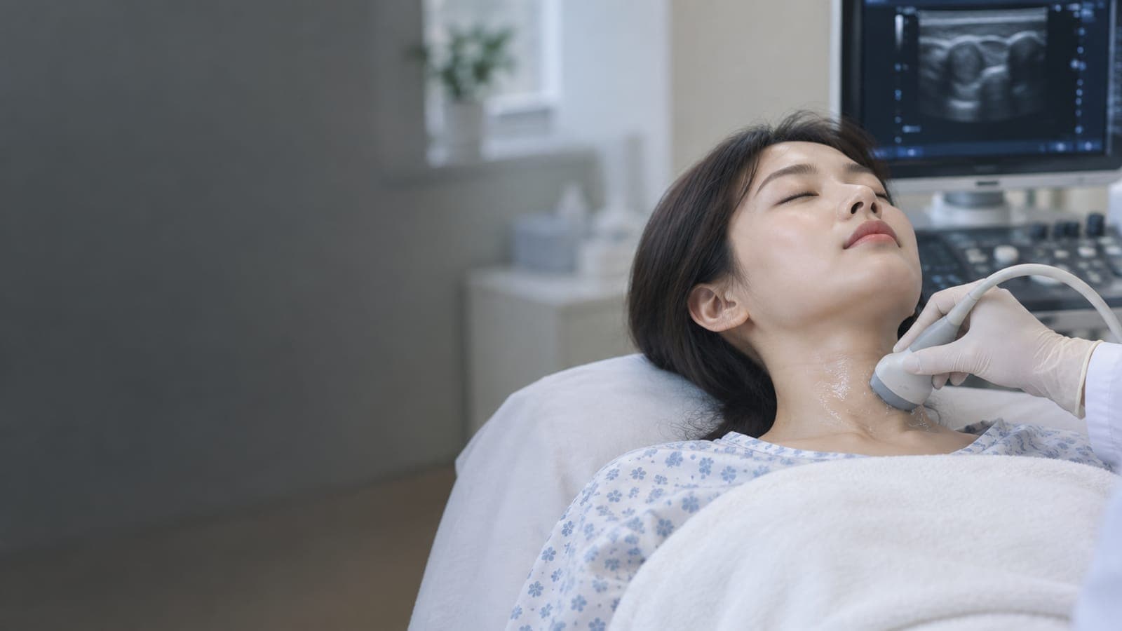 누워서 목 초음파 검사를 받는 한국인 여성