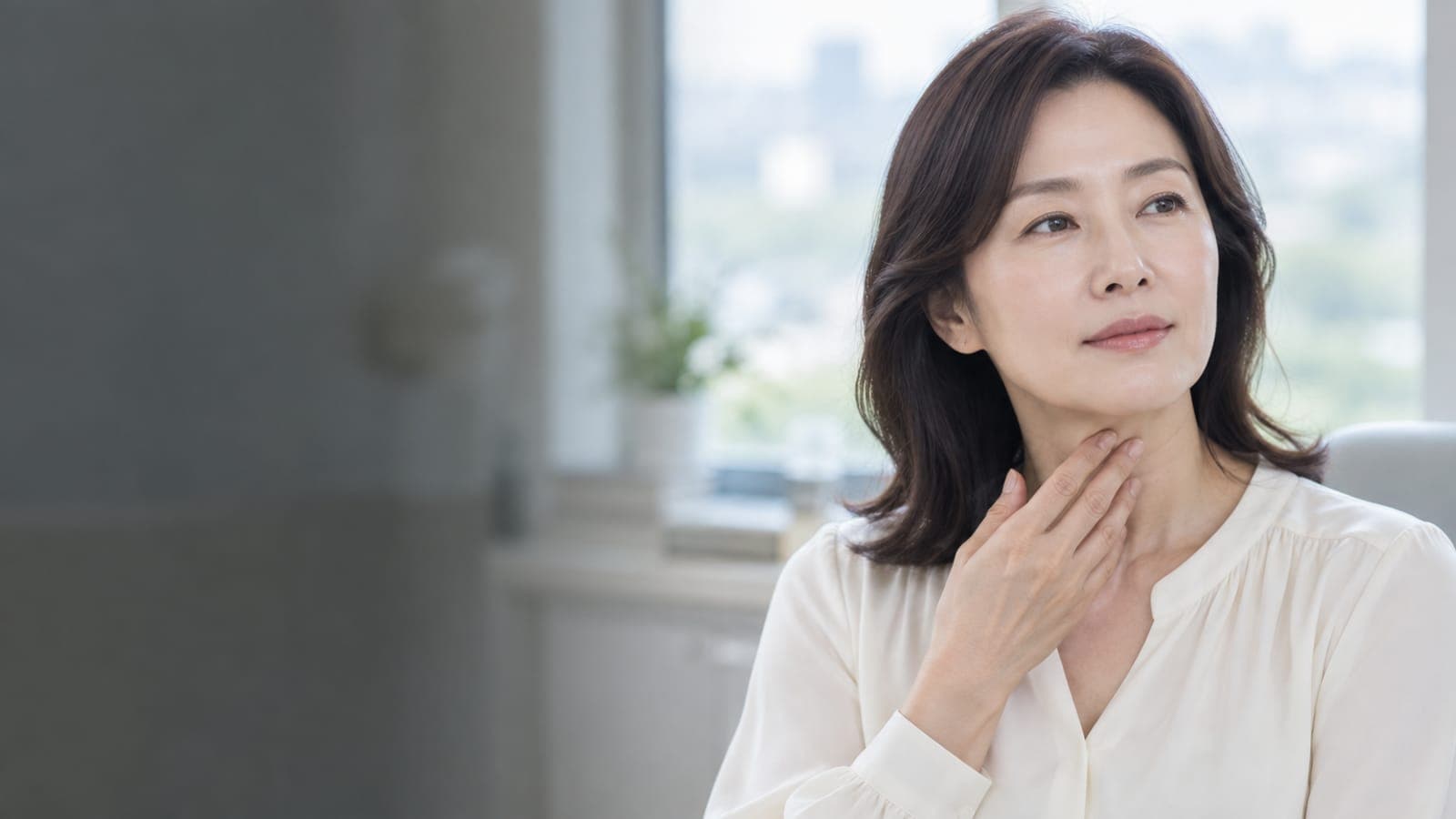 목 앞쪽에 손을 댄 한국인 여성