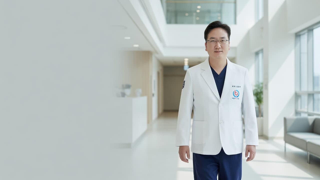 병원 복도를 안내하는 정준우 원장