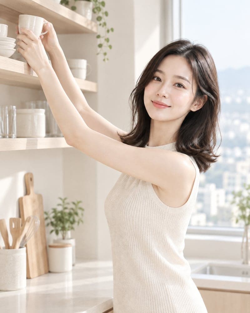 주방 선반에 두 팔을 뻗는 여성(모델)