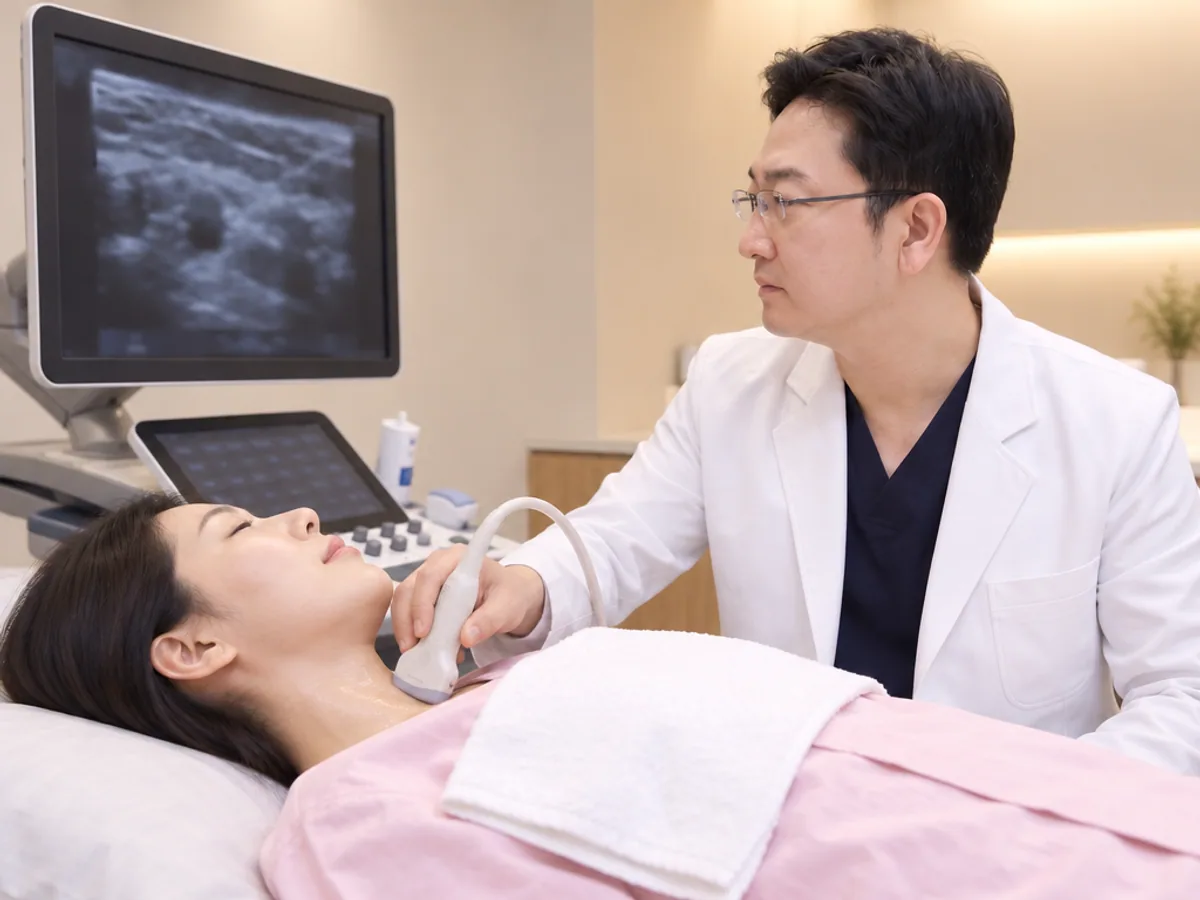 의사가 누운 환자의 목 앞쪽에 초음파 탐촉자를 대고 모니터를 보는 모습