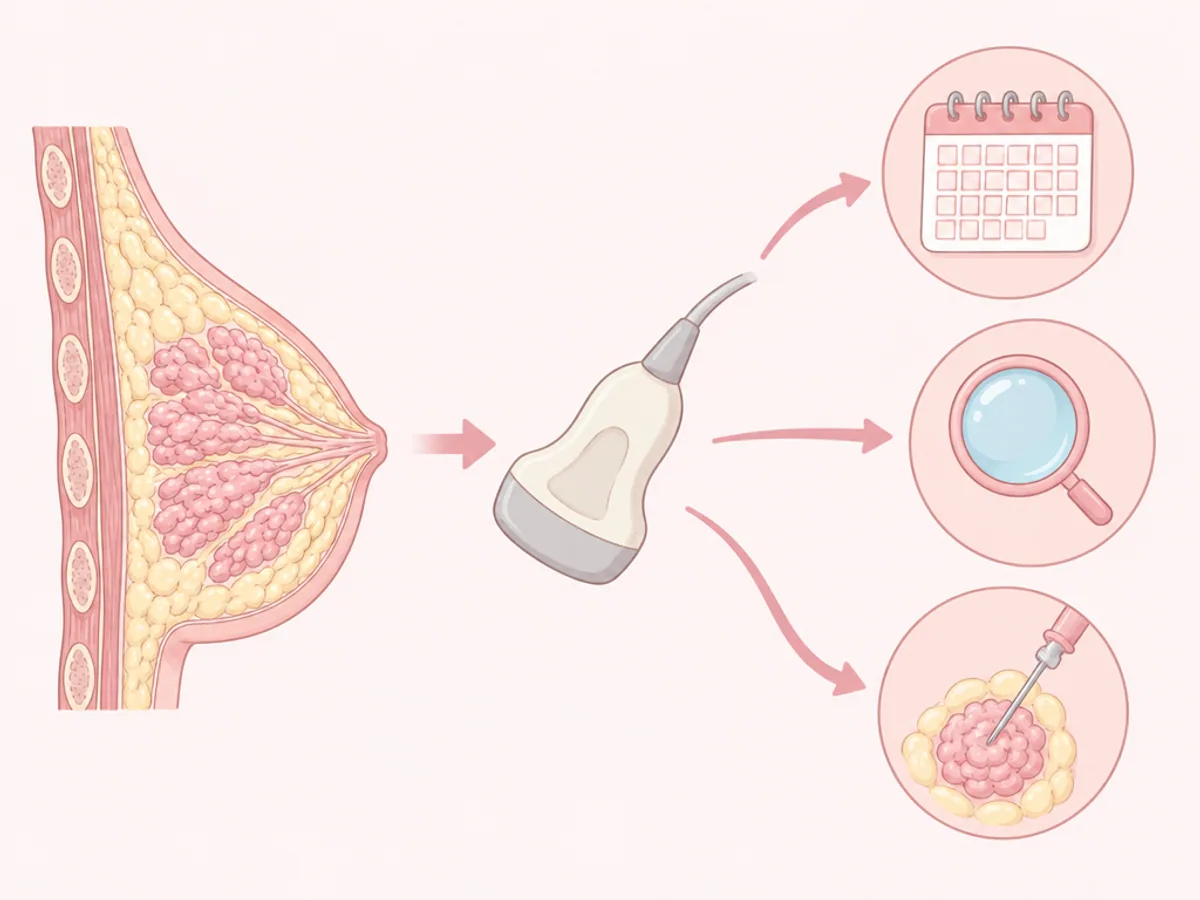 유방촬영 뒤 추가 초음파를 거쳐 정기 검진·추적 검사·조직검사로 나뉘는 과정을 그린 그림