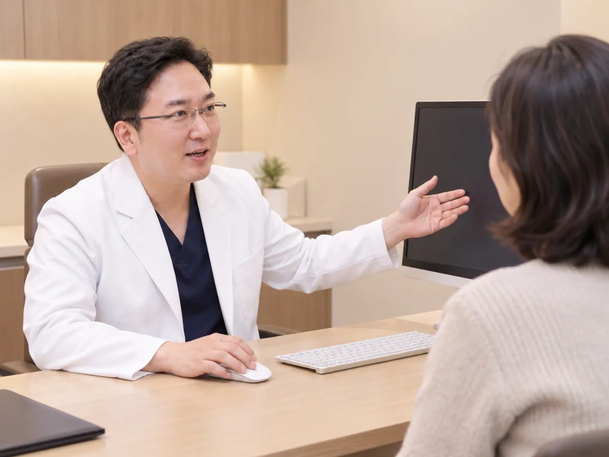 의사가 진료실 책상에서 여성 환자에게 검사 결과를 설명하는 상담 장면
