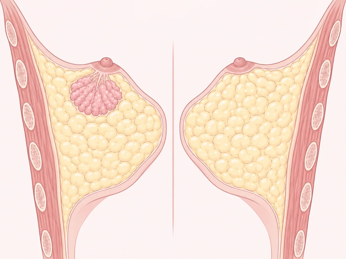 남성 가슴 단면에서 유두 아래 유선 원판여유증과 퍼진 지방층가성 여유증을 비교한 그림