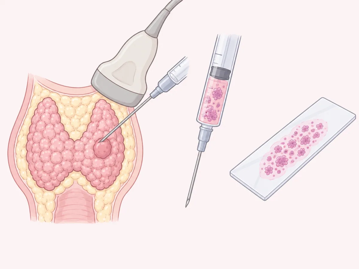 초음파를 보며 가는 바늘로 갑상선 결절의 세포를 뽑는 과정을 그린 설명 그림