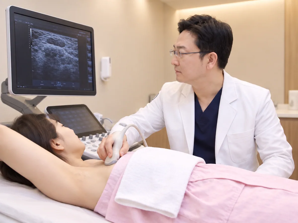 팔을 올린 환자의 겨드랑이 가장자리를 의사가 초음파로 살펴보는 진료 장면