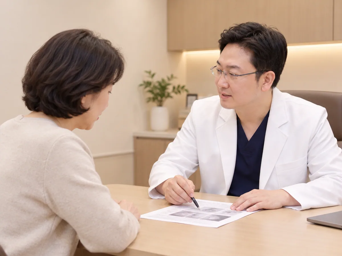 의사가 책상 위 검사 결과지를 가리키며 다음 검사 순서를 설명하는 장면