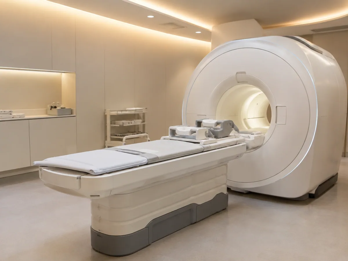 창문이 없는 검사실에 유방 검사용 받침대가 놓인 MRI 장비가 있는 모습