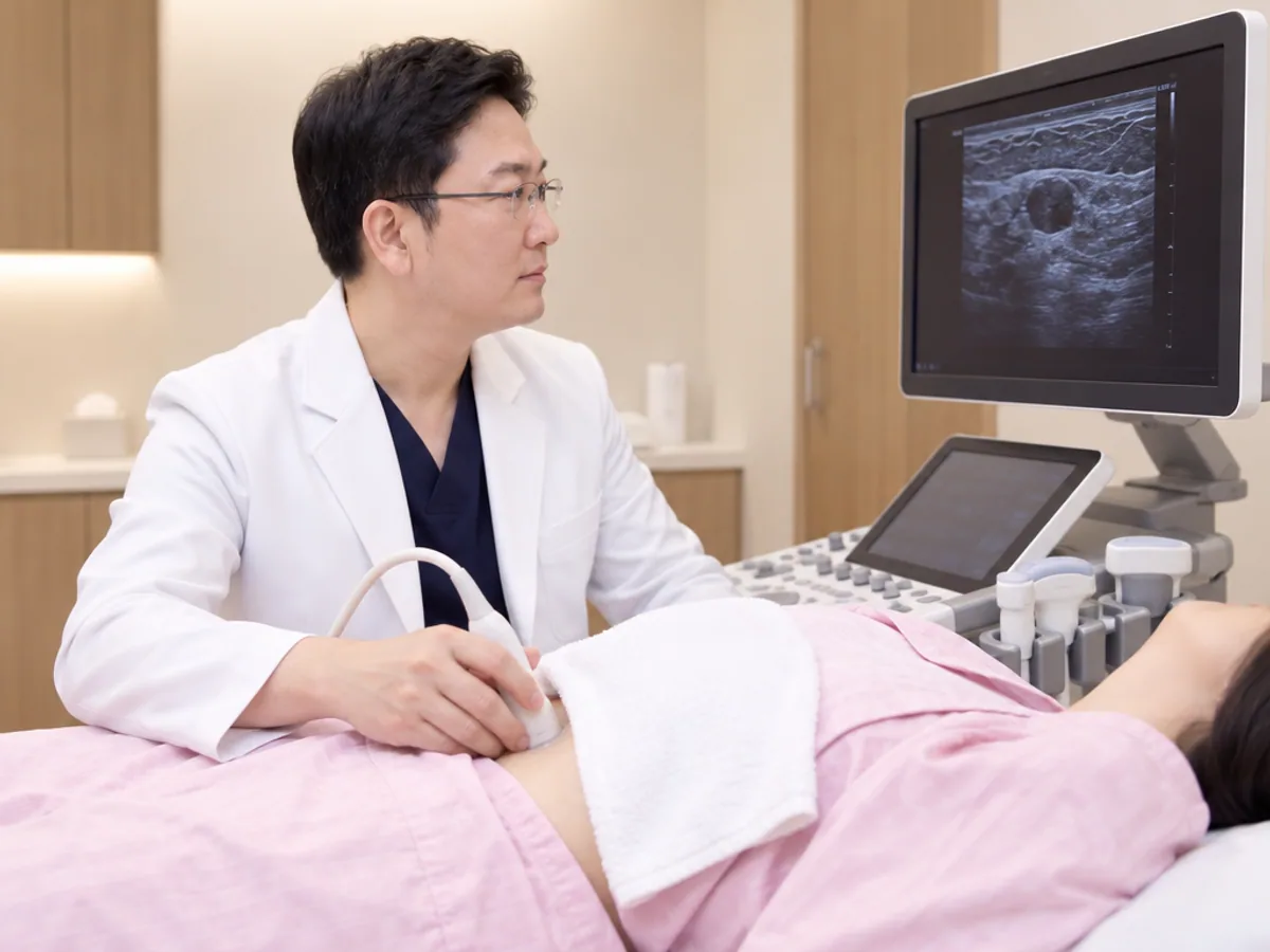 가운과 수건으로 가린 환자의 유방 가장자리를 초음파로 검사하며 의사가 모니터를 보는 장면