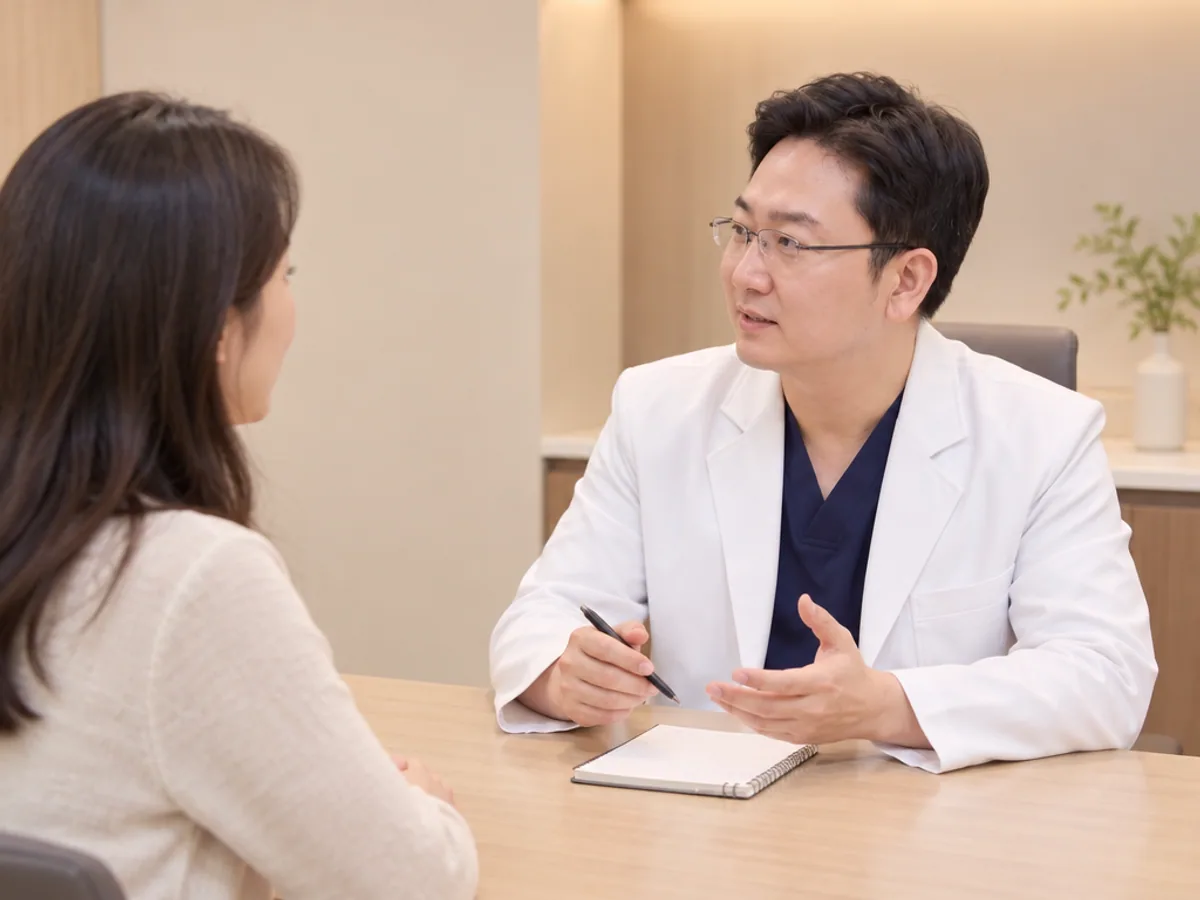 의사가 수술 후 관리에 대해 환자와 마주 앉아 상담하는 장면