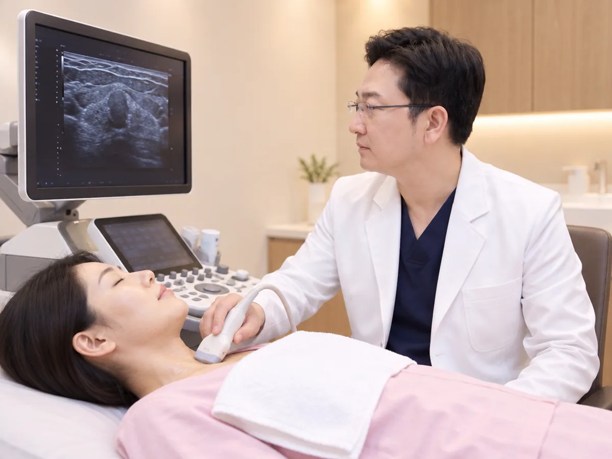 환자가 누운 채 목 앞에 초음파 검사를 받고 의사가 화면을 보는 장면