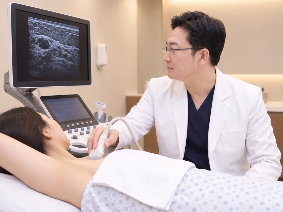 의사가 초음파 모니터를 보며 가운을 입은 환자의 유방 가장자리를 검사하는 장면