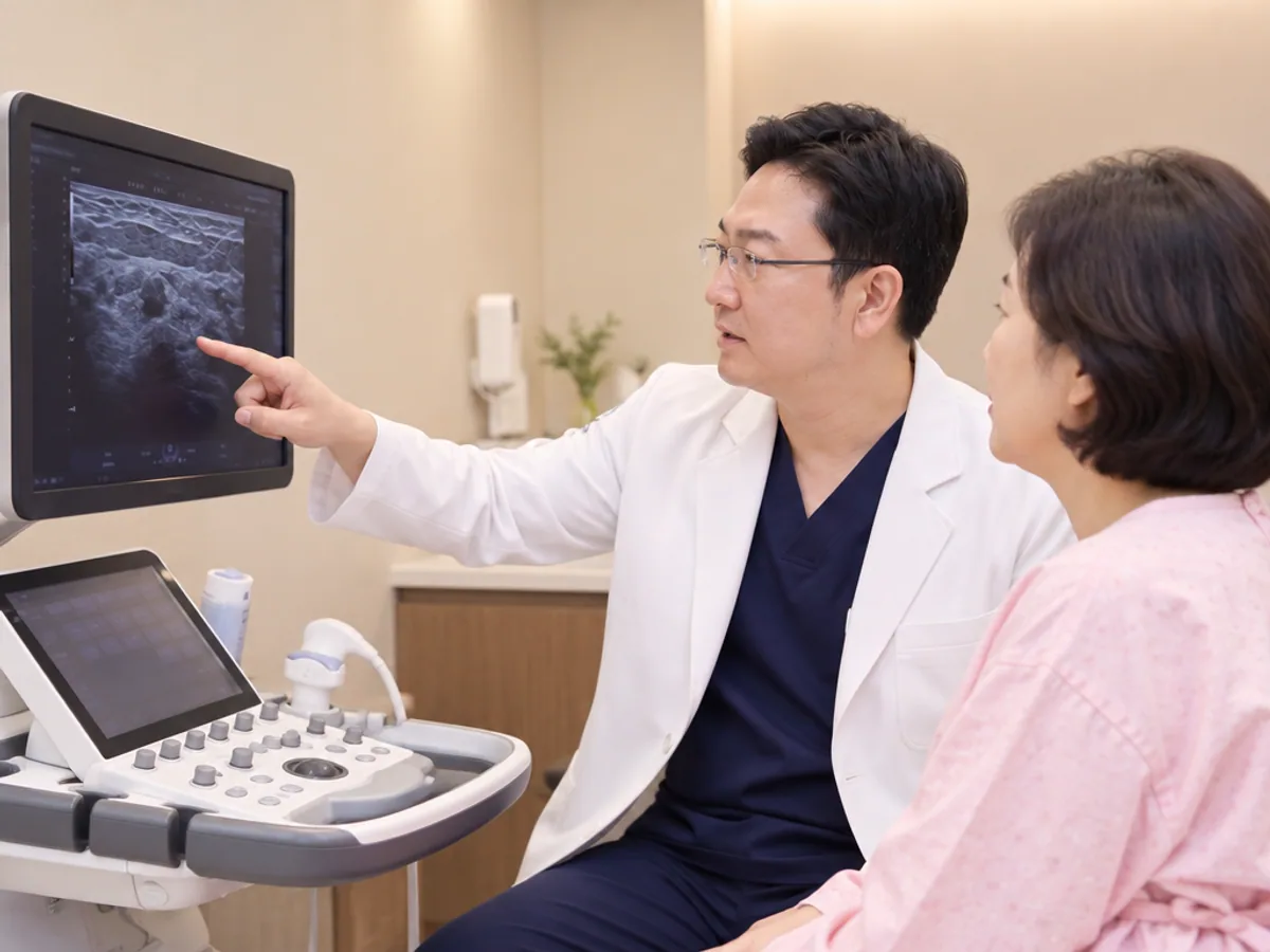 의사가 모니터의 유방 초음파 영상을 보며 중년 여성 환자에게 설명하는 진료 장면입니다.