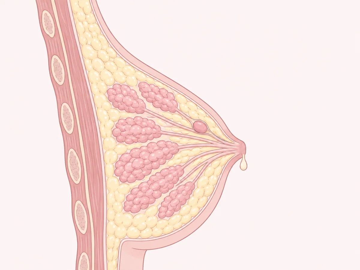 유방 단면에서 여러 유관이 유두로 모이고 한 유관 안에 작은 혹이 있는 모습을 그린 설명 그림