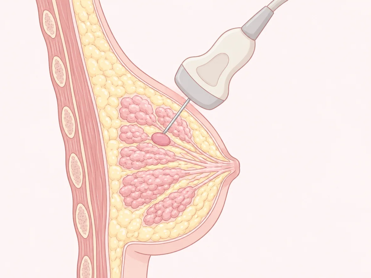 초음파를 보면서 바늘로 유방 속 병변의 조직을 얻는 과정을 그린 단면 그림