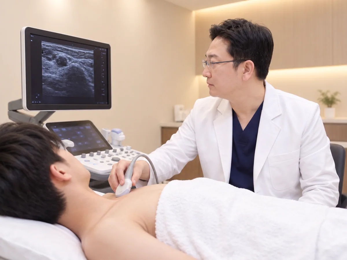 의사가 남학생의 가슴 옆을 초음파로 검사하며 모니터를 보는 장면