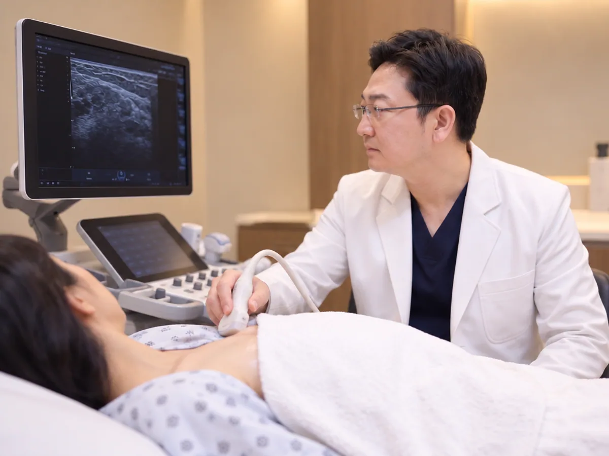 의사가 가운과 수건으로 가린 환자의 유방 가장자리를 초음파로 확인하며 모니터를 보는 장면