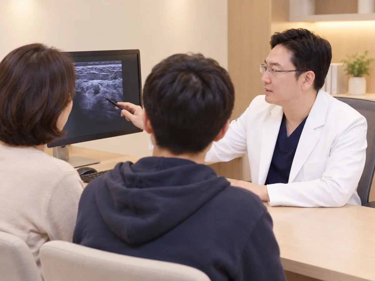 의사가 모니터를 보며 어머니와 사춘기 아들에게 검사 결과를 설명하는 장면
