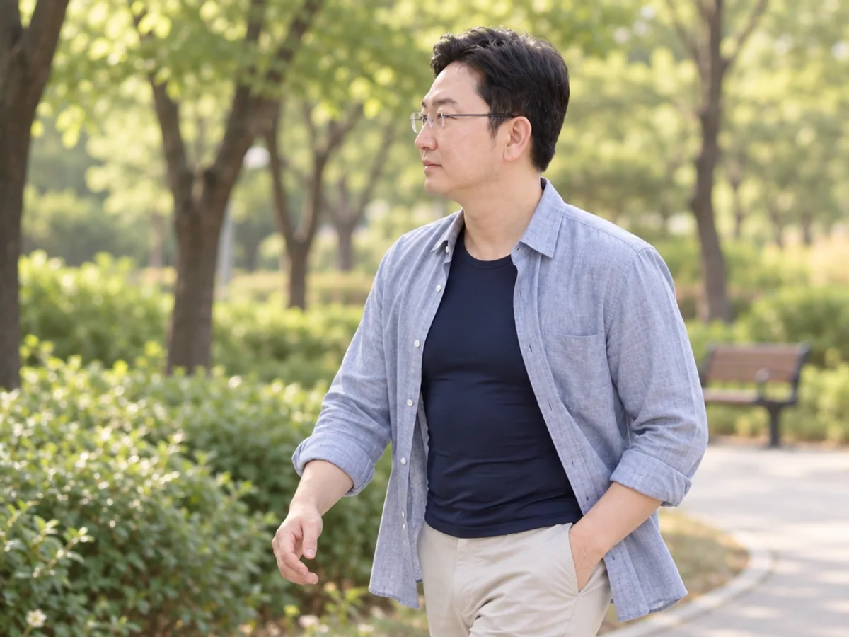 수술 뒤 압박조끼를 입고 공원에서 가볍게 걷는 남성